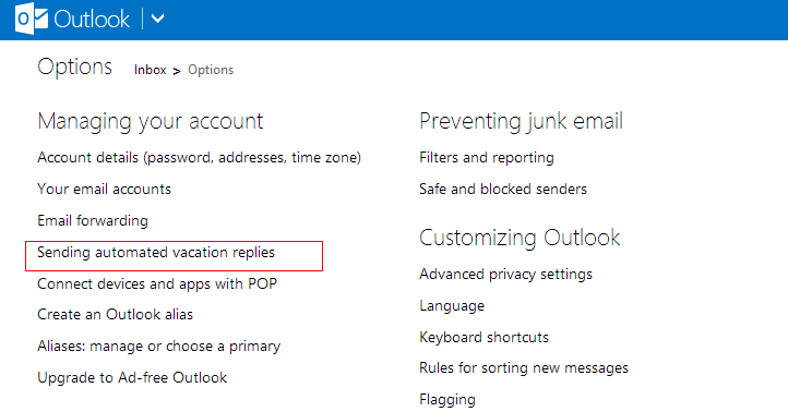 Vacation reply settings in Outlook.com