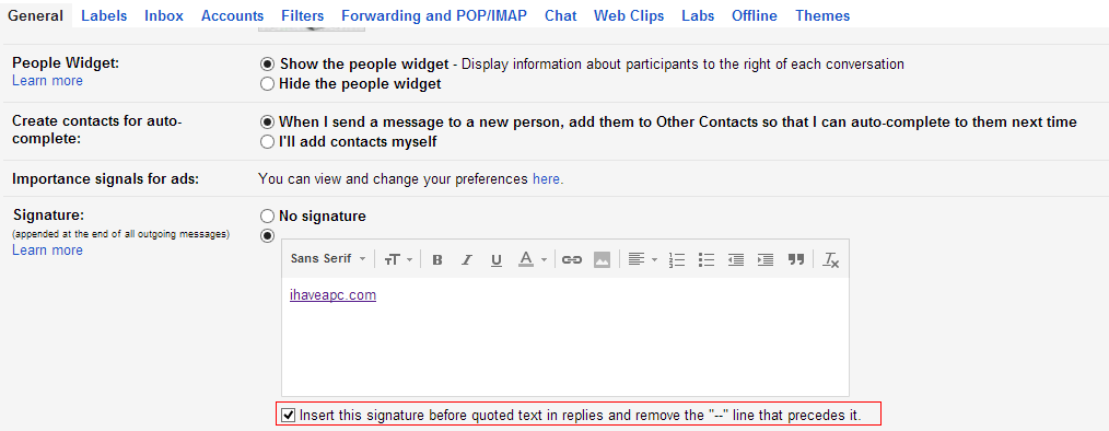 Changing signature settings in gmail
