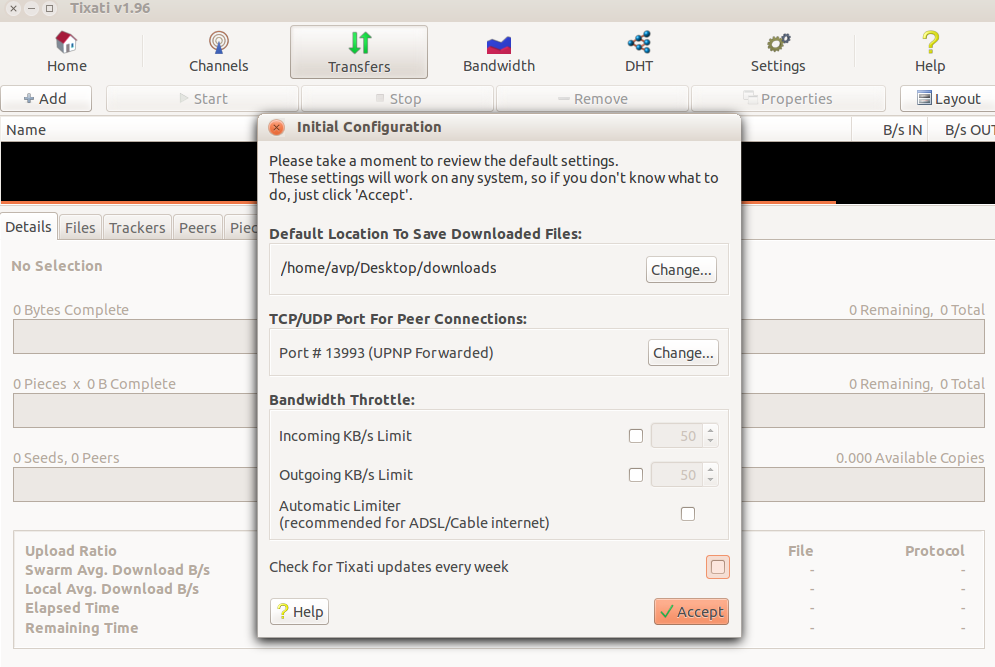 Default setup screen on launching Tixati in Ubuntu
