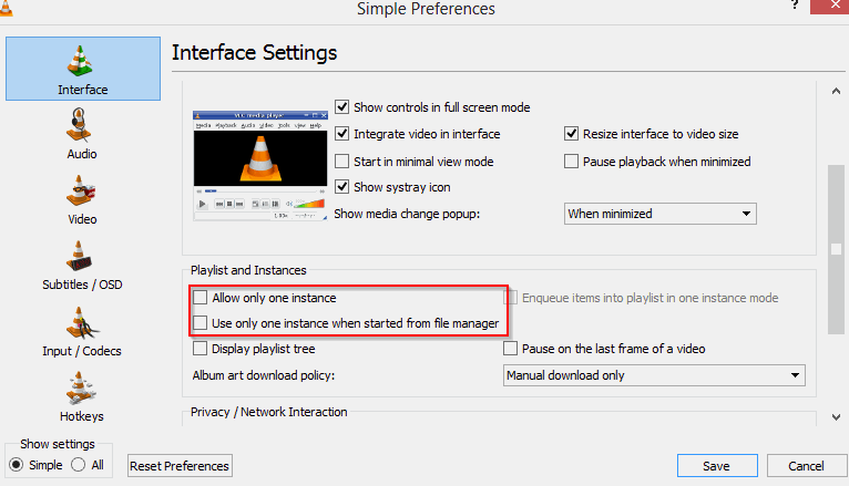 Changing the instances setting in VLC player