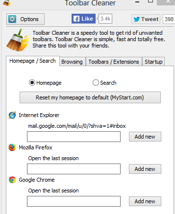 customizing home page and search settings for browsers using toolbar cleaner