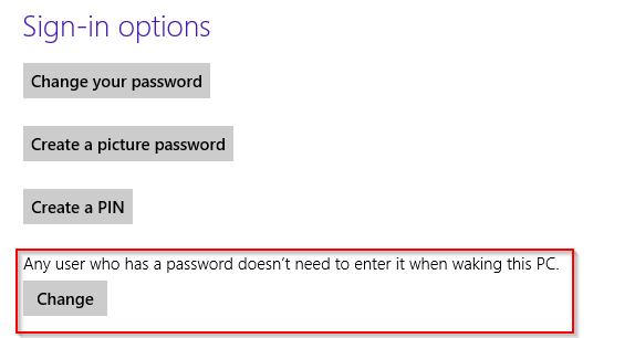 Windows 8 PC settings with no password needed during wake up