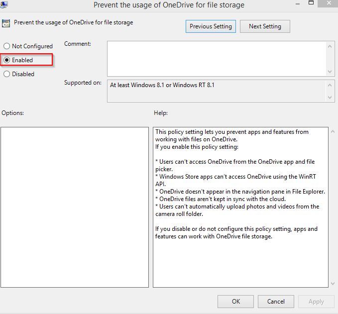Saving OneDrive policy changes in Windows 8.1