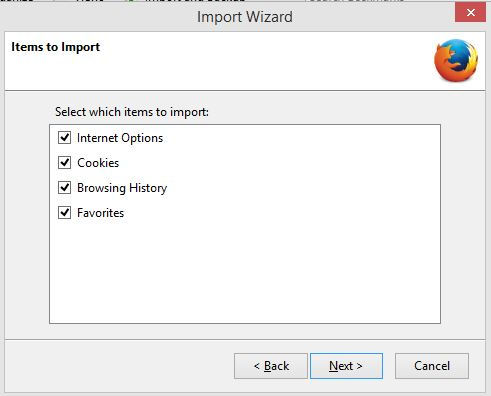 choosing items to import from Internet Explorer to Firefox
