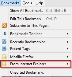 Bookmarks imported from Internet Explorer