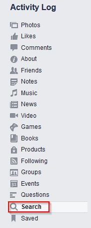 search option in Facebook activity log