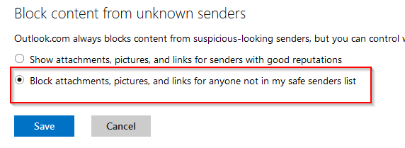 Turn off external content for contacts not on safe list in Outlook.com 
