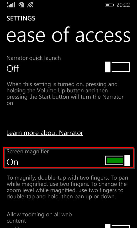 Enabling screen magnifier in Windows 8.1 phone