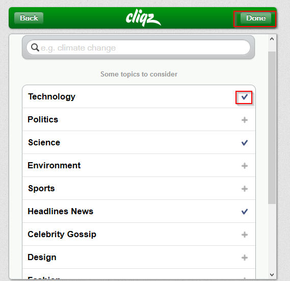 adding topics of interest to stay updated with when using cliqz for Firefox