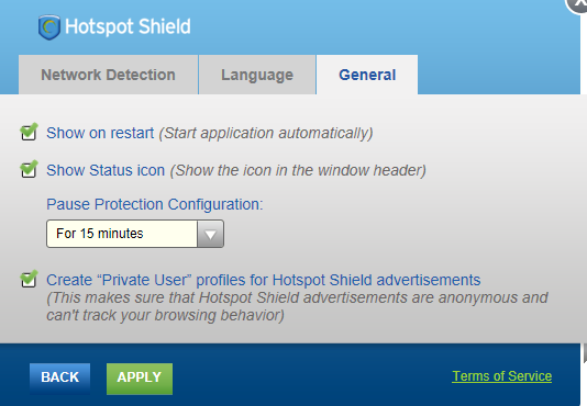 settings for hotspot shield