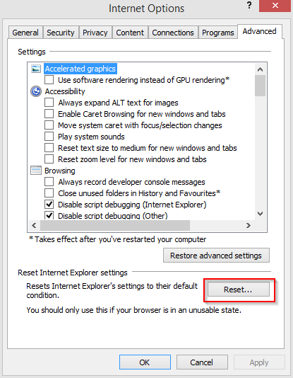 reset option in internet explorer