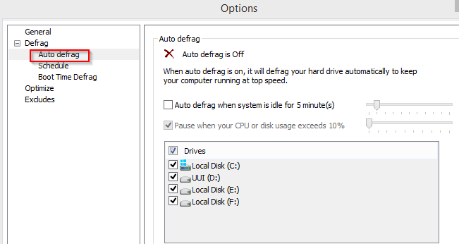 configuring auto defrag options in disk speedup