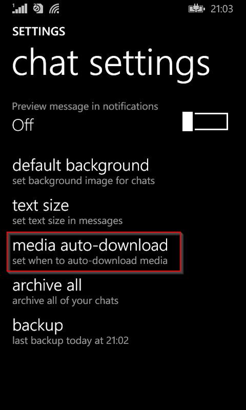 changing media auto-download settings in WhatsApp for Windows phone