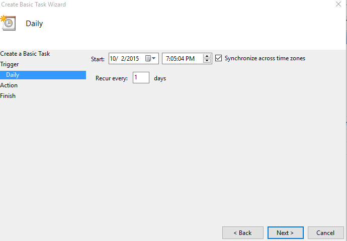 choosing start date and time for basic task in windows task scheduler