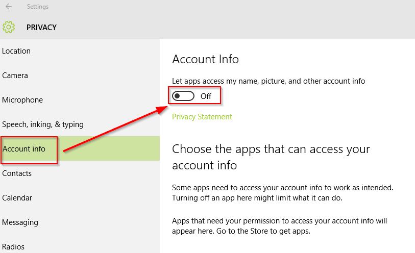 disable account info access for Windows 10 apps