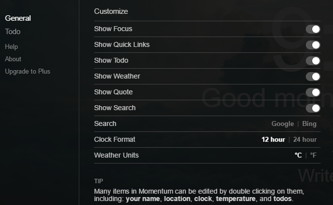 changing different settings for Momentum dashboard in Google Chrome