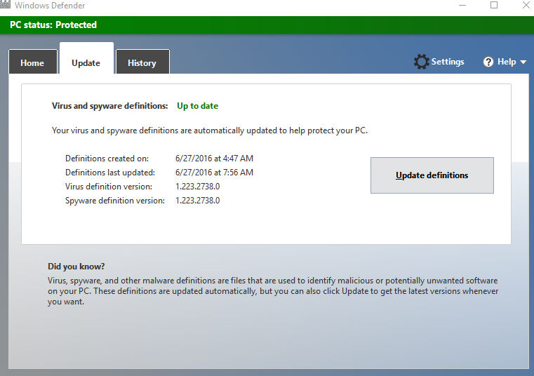 Update tab in Windows Defender