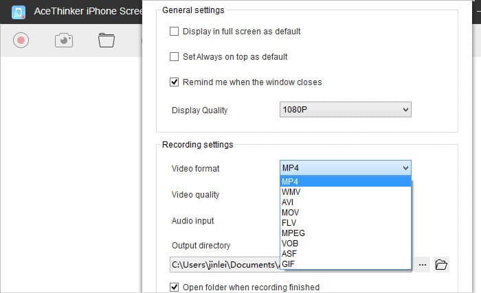 configuring video settings in iphone screen recorder