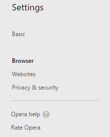 Browser section in Opera settings