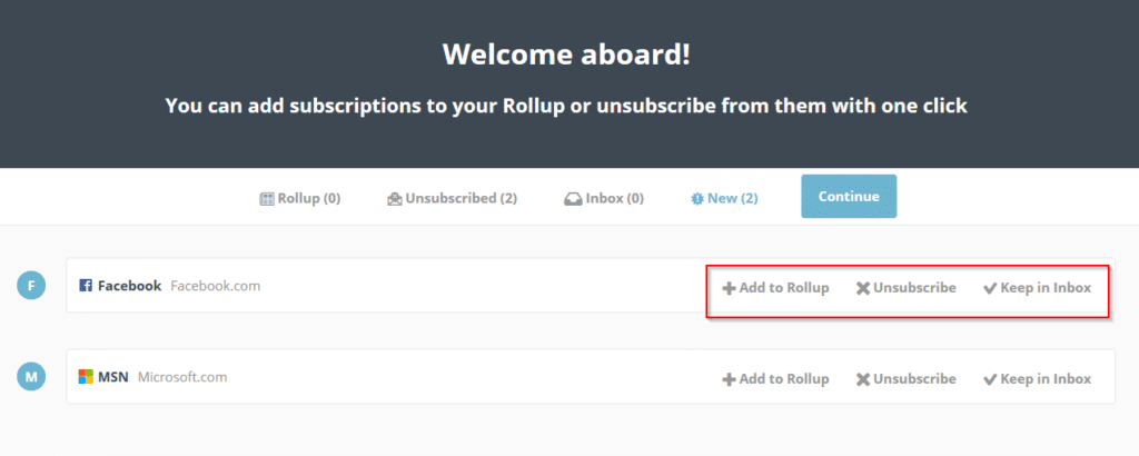 managing subscription based emails by adding to rollup or unsubscribing