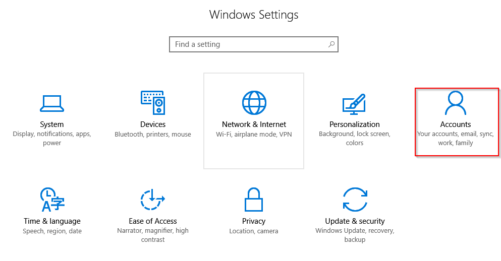 account settings in windows 10
