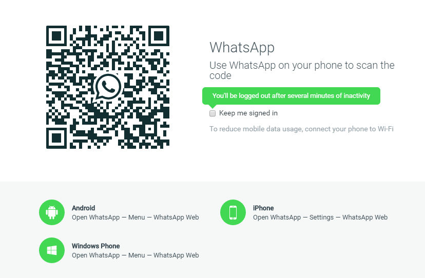 login using QR code when using Whatsapp messenger for Windows 10
