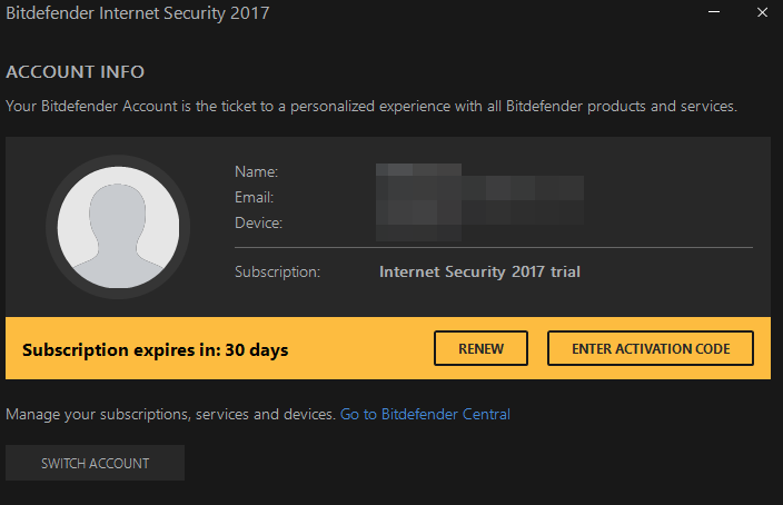 user account info for Bitdefender Internet Security 2017