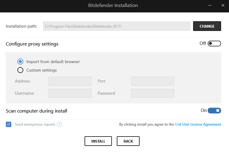 custom installation settings of Bitdefender Internet Security 2017