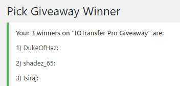 winners of iotransfer pro giveaway