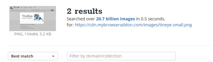 tineye results for the reverse searched image