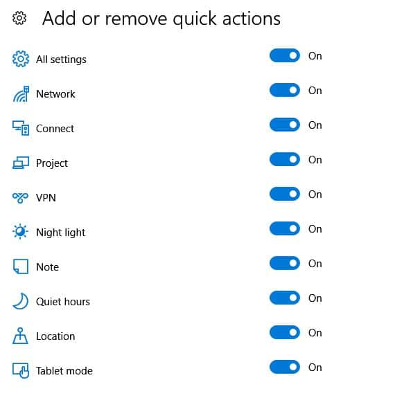 adding and removing quick actions icons in windows 10