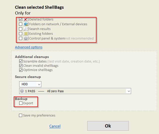 configuring deletion options for shellbags