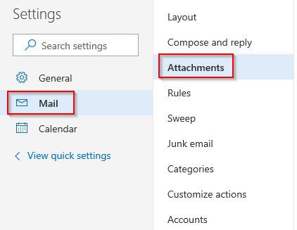 Mail and Attachment settings in Outlook.com