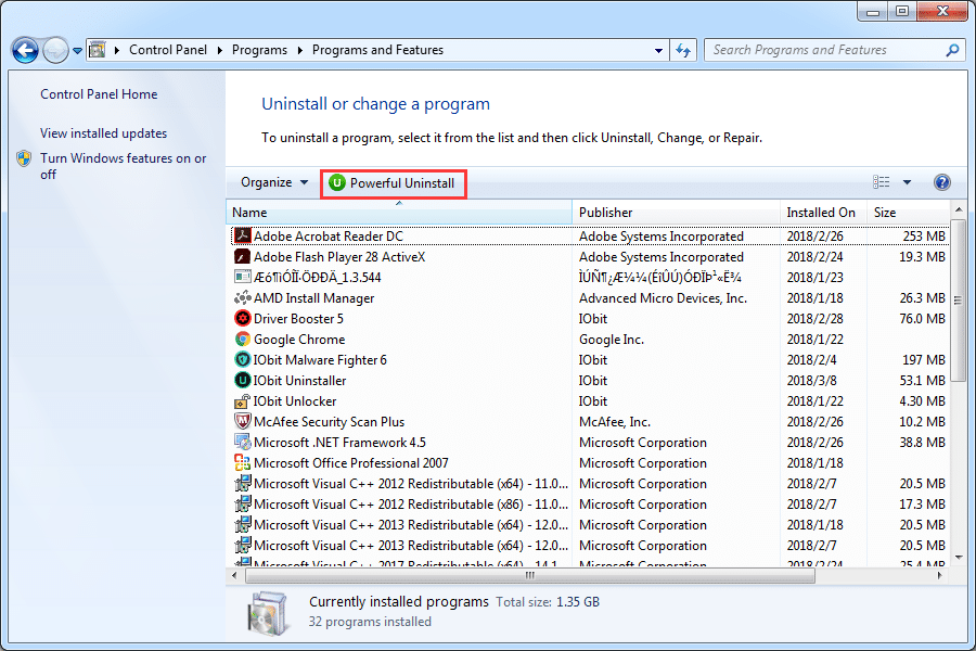 iobit uninstaller in windows add remove programs options