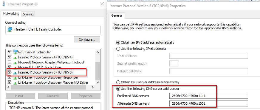 CloudFlare DNS IPv6 settings in Windows 10