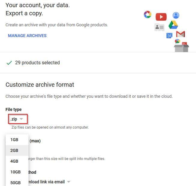 customizing user data download options in Google Takeout