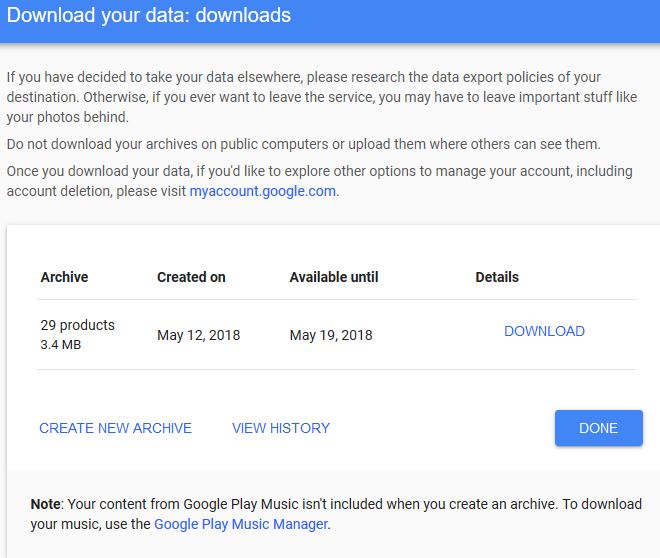 Managing user data archives and downloading in Google Takeout