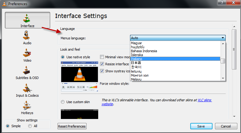 Interface language settings in VLC player