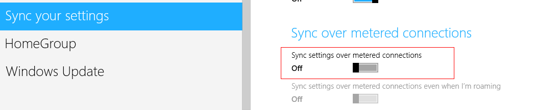 Setting sync to off over metered Internet connection in Windows 8