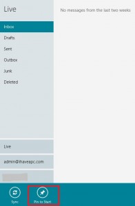 Selecting email account to pin to Windows 8 start screen