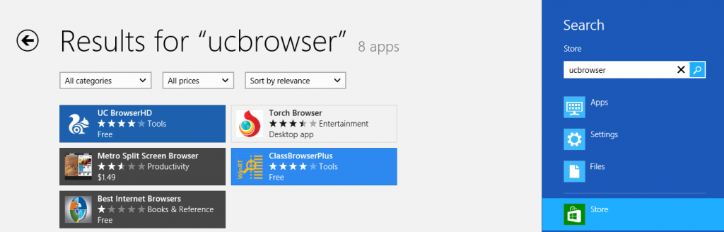 searching for UC Browser HD in Windows 8 store