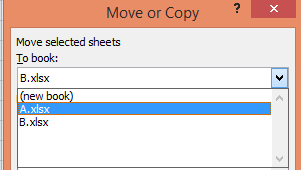 Choosing the destination workbook where the worksheet will be moved