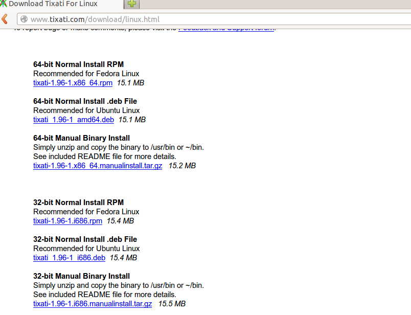 Tixati download page for Ubuntu / Linux