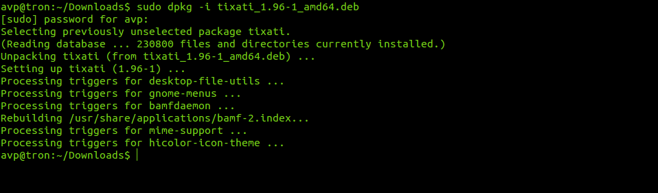 installing downloaded Tixati package using Ubuntu Terminal