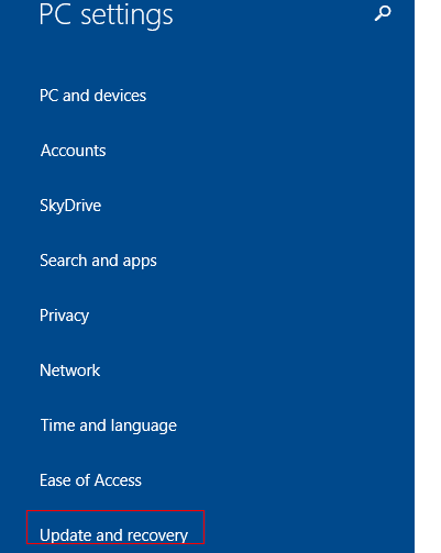 Accessing Update and Recovery settings in Windows 8.1