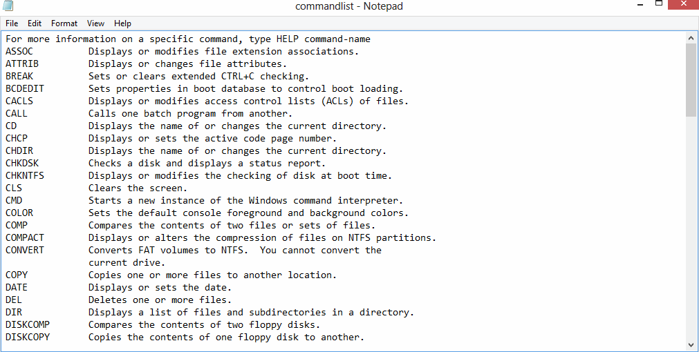 list of windows command prompt commands in a text file