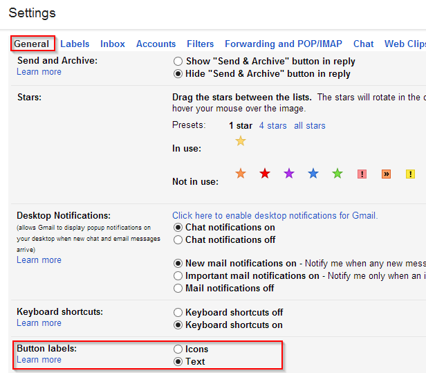 changing Gmail labels from icons to text