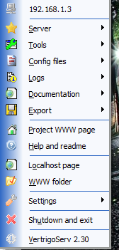 VertrigoServ system tray options