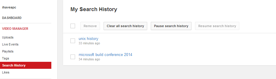 Managing search history in YouTube