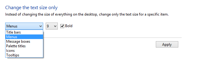 Changing text size of specific items in Windows